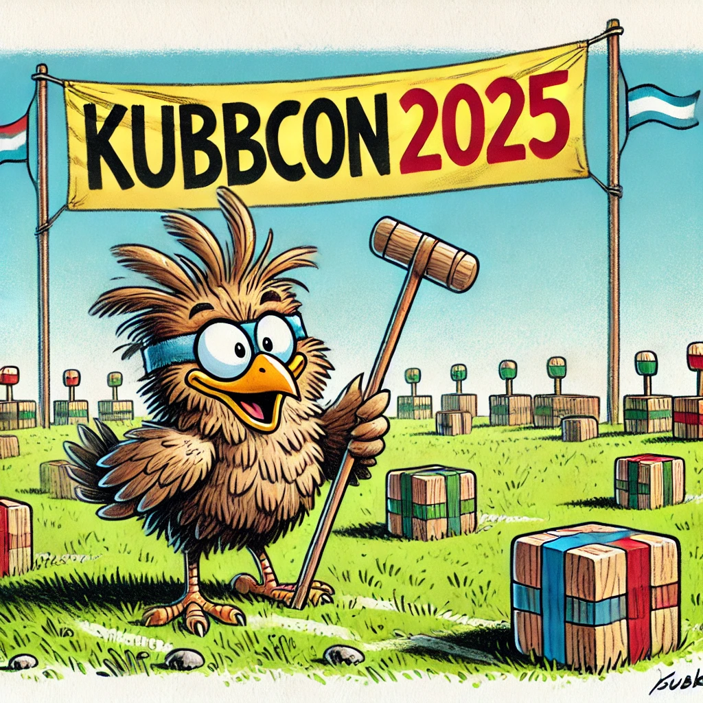 En buskvarsler holder opp et skilt som sier 'KubbCon 2025'